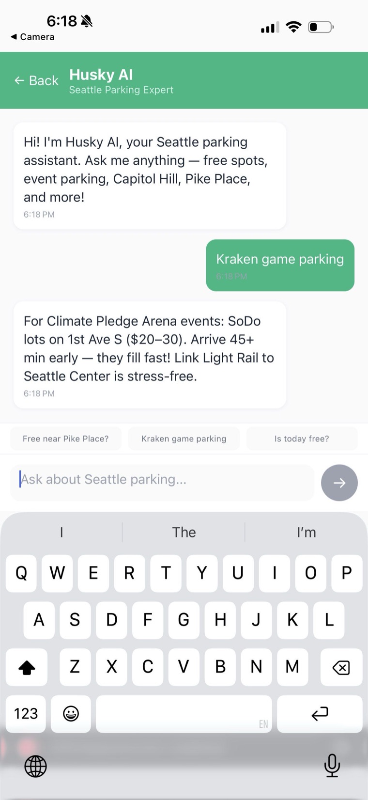 The Husky AI assistant answering a question about Kraken game parking with specific lots, prices, and transit advice