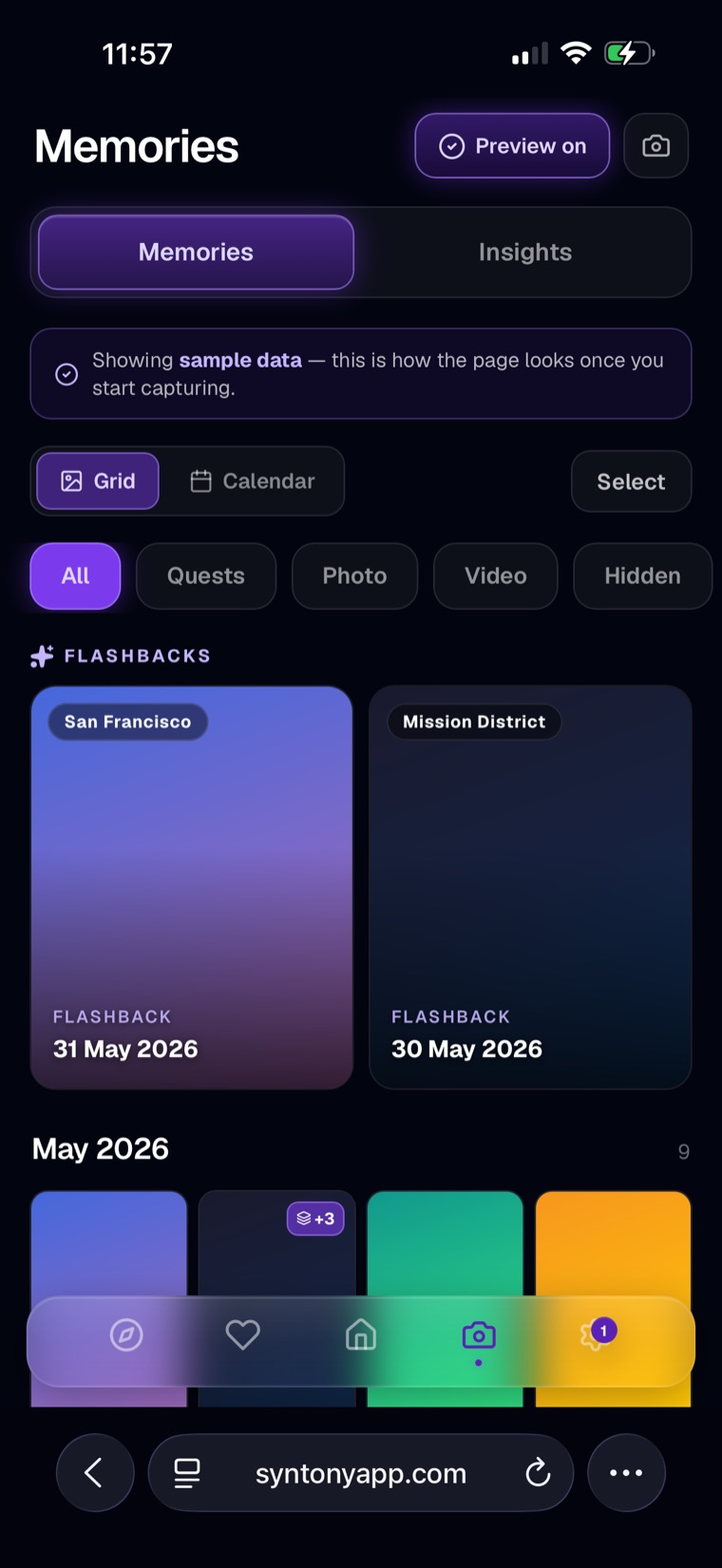Syntony memories screen with flashback cards and a grid of captured moments